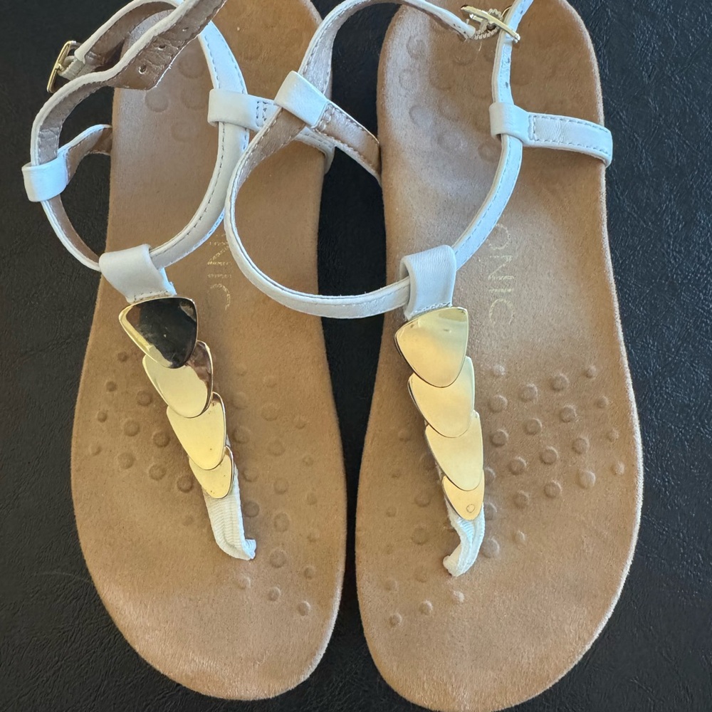 Vionic White Sandals with Gold Leaf Detail